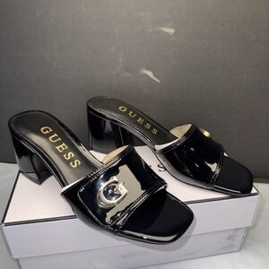 Gallai Slip-On Open Toe Block Heeled Sandals‎ in Black Patent Size 5.5
